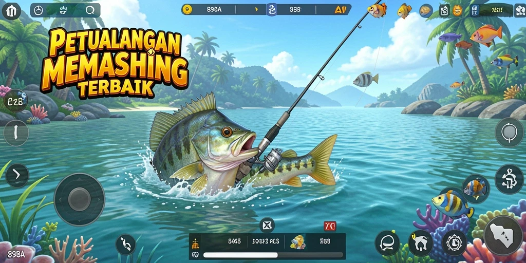 Screenshot menampilkan gameplay seru saat memancing berbagai jenis ikan.