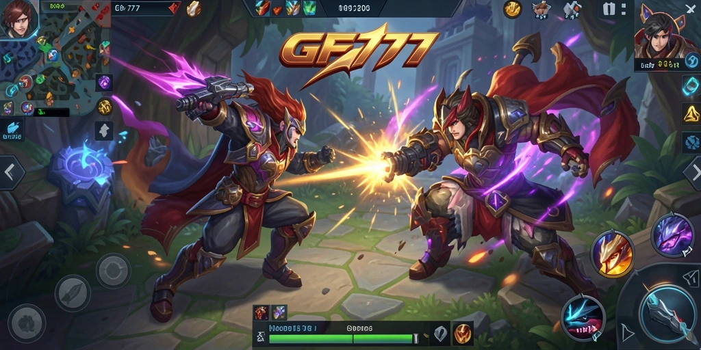 Screenshot gameplay GF777 menunjukkan pertarungan epik dalam arena MOBA.