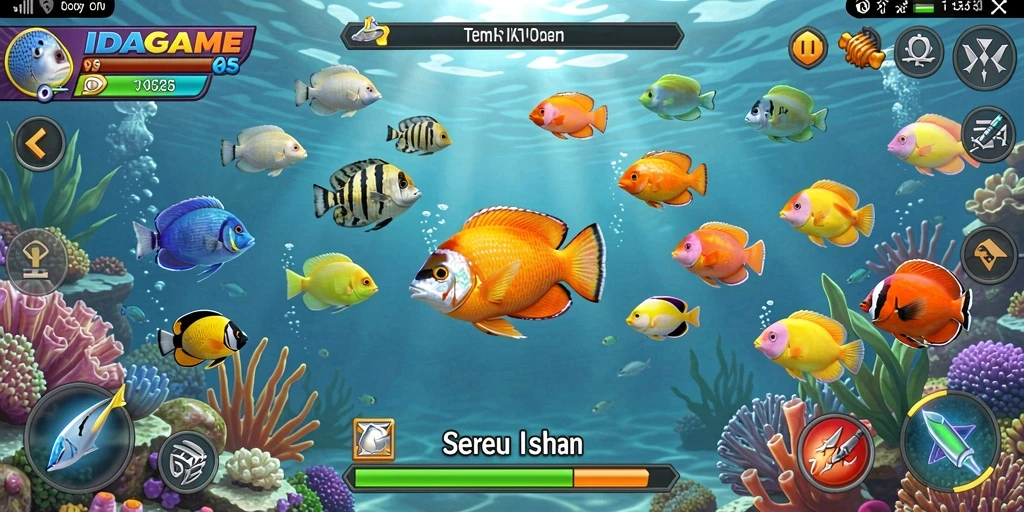 Screenshot gameplay IDAGAME yang menampilkan aksi menembak ikan.