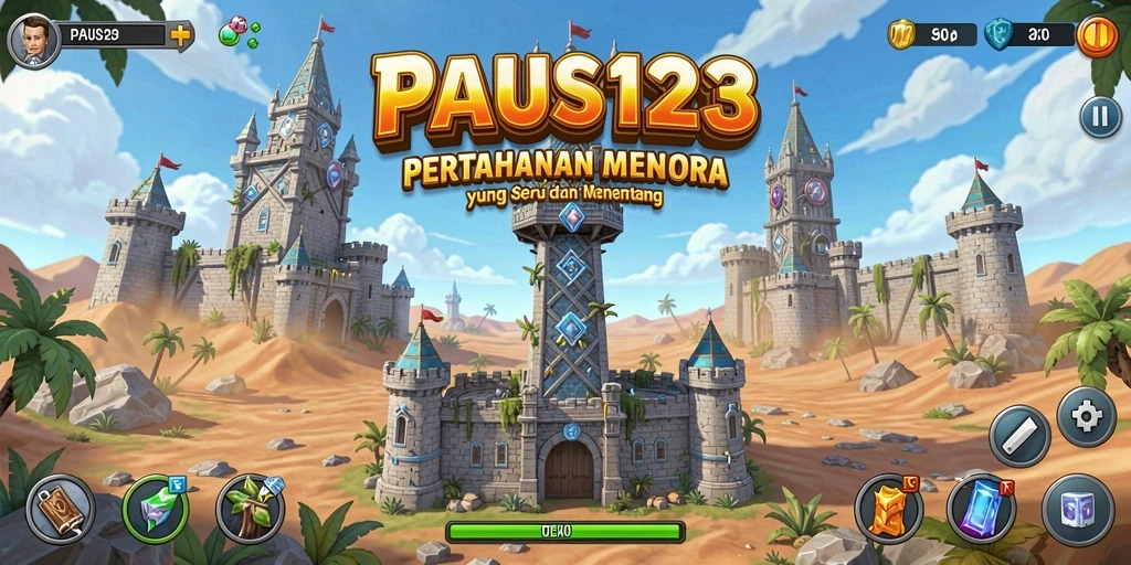 Screenshot gameplay PAUS123 menampilkan aksi menara bertahan yang intens.
